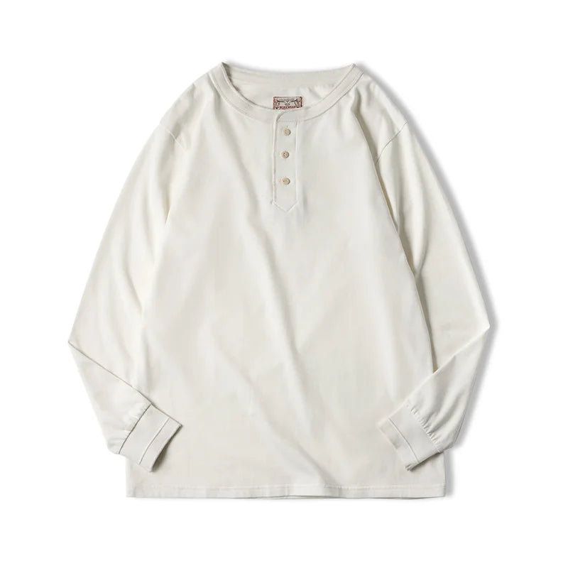 Maden Long-sleeved Henley Shirt for Men Three-button Classic Design Round Collar Beige Basic T-shirts Male Autumn Thin Tees