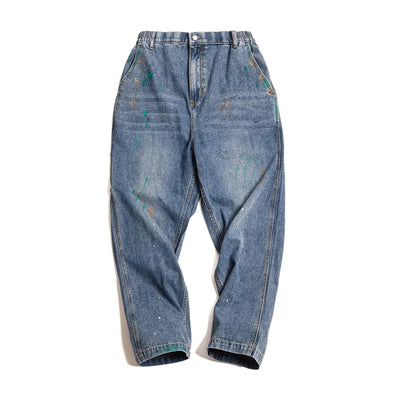 Maden Mens Vintage Ink Graffiti Jeans 9.2OZ Light Blue Wash Straight Pants Hombre Personalized Do Old Casual Jeans Elastic Waist