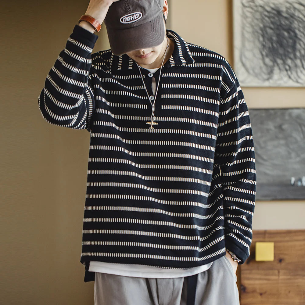 Maden Knitted Striped Polo Sweater Blended Knit Lapel Pullover Men's Casual Color Collision Jumper Black American Workwear Tops