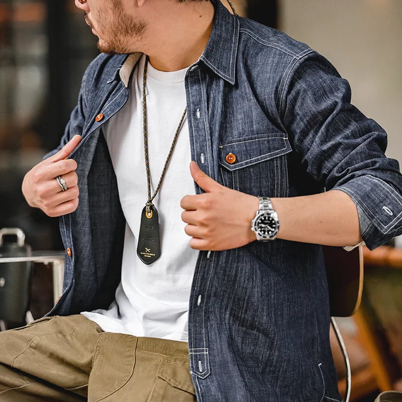 Maden Retro Thin Long-sleeved Denim Shirts Single-breasted Lapel Collar Stitch Design Cotton Men's Spring and Autumn Blouses