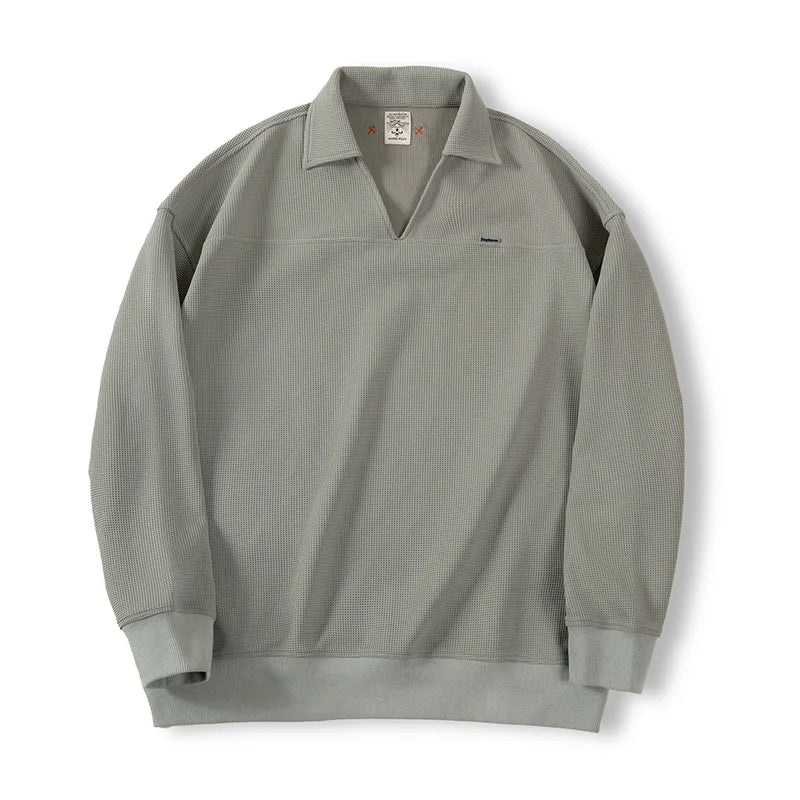 Maden Waffle V-neck Polo Shirt for Men Soft and Skin-friendly Sweatshirt Autumn Loose-fit Versatile Pullovers Solid Lapel Tops