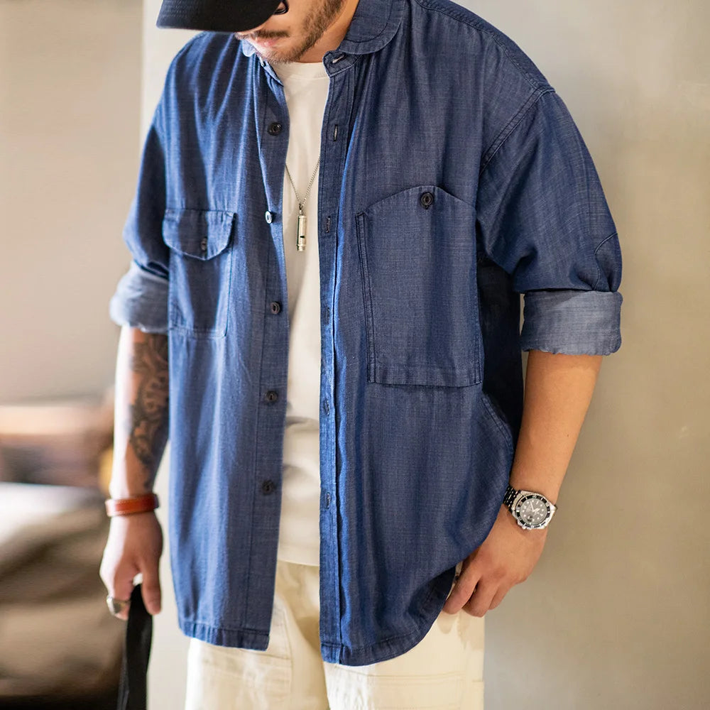 Maden Vintage Tencel Denim Shirt for Men's Spring Lightweight CPO Long Sleeve Shirt Lyocell Casual Thin Blue Lapel Collar Blouse