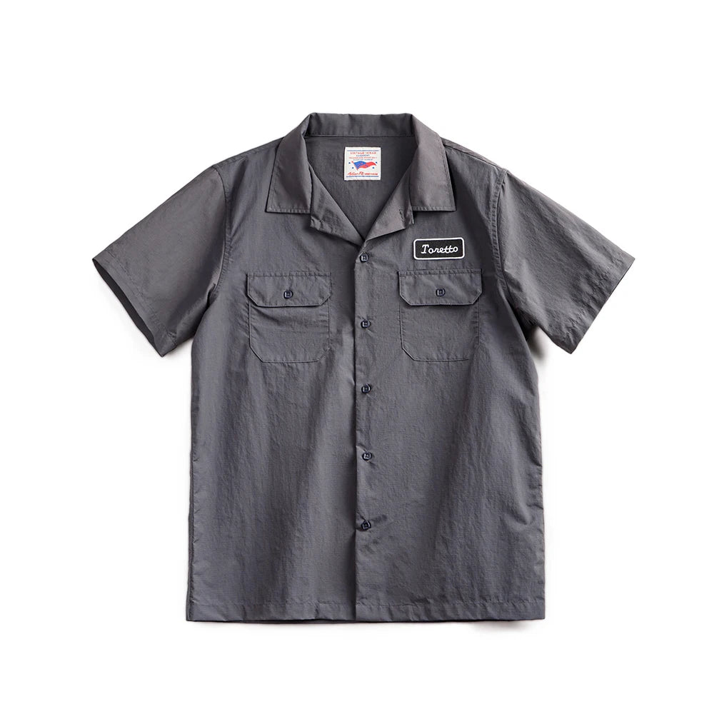 Maden Retro Toretto Short-sleeved Shirt Dark Gray Embroidered Design Lapel Thin Solid Shirt for Men's Summer Tops