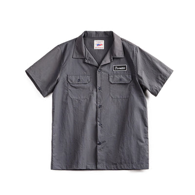 Maden Retro Toretto Short-sleeved Shirt Dark Gray Embroidered Design Lapel Thin Solid Shirt for Men's Summer Tops