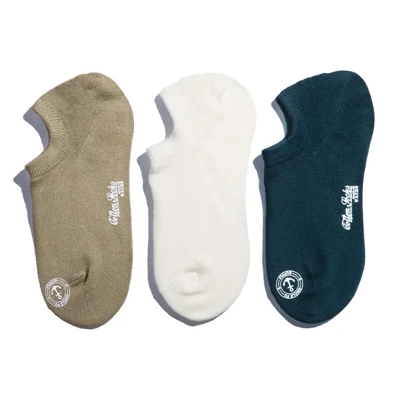 Maden Men’s 3 Pack Pair Summer Cotton Socks Boat Non-Slip Silicone Invisible Boat Socks Ankle Socks White Khaki Blue