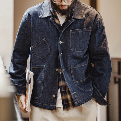 Maden Retro Four-pocket 14oz Jacket Lapel Single-breasted Denim Jacket Navy Blue Cotton Work Coat for Men's Autumn Solid Tops