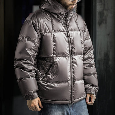 Maden Casual Glossy Hooded  90% White Duck Down Jacket Warm Stand-up Collar Puffer for Men's Winter Versatile Solid Color Coats