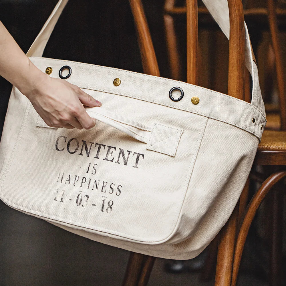 Maden Vintage Motorcycle Newsboy Bag Large-Capacity Canvas Messenger Bag with Printed Letters Versatile Crossbody Bags for Men