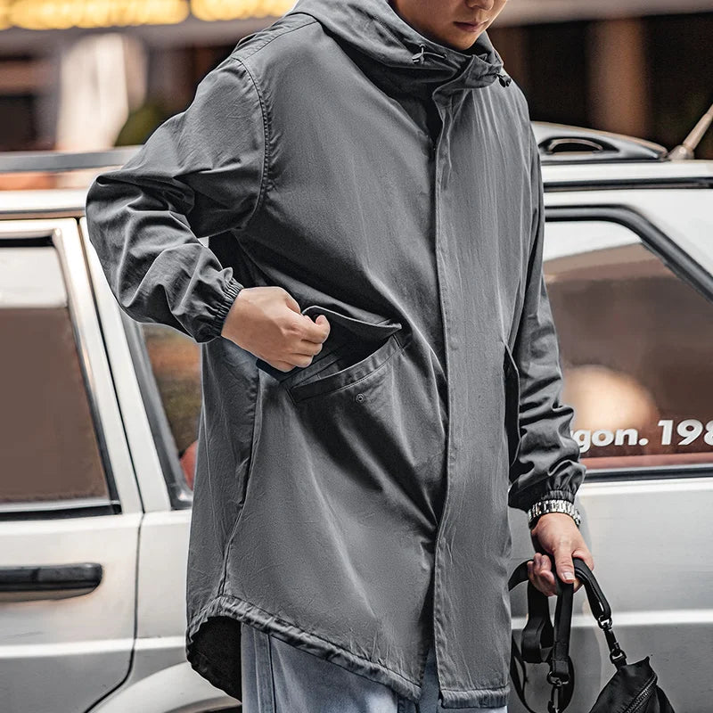 Maden Retro M51 Windbreaker Hooded Parka Fish-tail Hem Print Jacket Long-length Gray Overcoat for Men Spring and Fall Outerwear