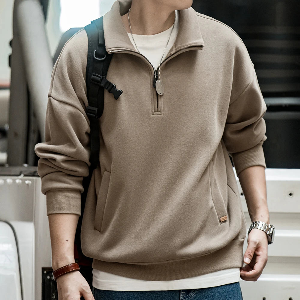 Maden Casual Half-Zip Stand Collar Fleece Sweatshirt Cleanfit Solid Pullover Warm Hoodies Men's Fall and Winter Top without Hood