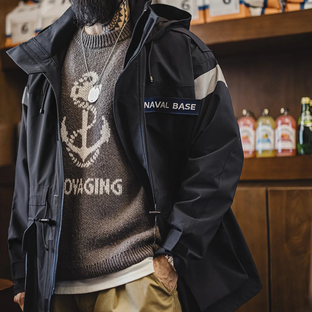 Maden Retro Mid-length Navy Parka Windbreaker Loose Fit Windproof Hooded Jacket Versatile Men's Outerwear for  Autumn and Winter