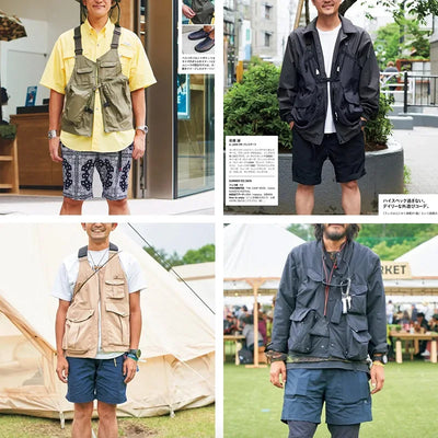 Maden Men Multi-pocket Tactical Vest Jacket & Bag Japan Retro Multi-function Photography Waistcoat Wide Shoulder Strap Solid Bag