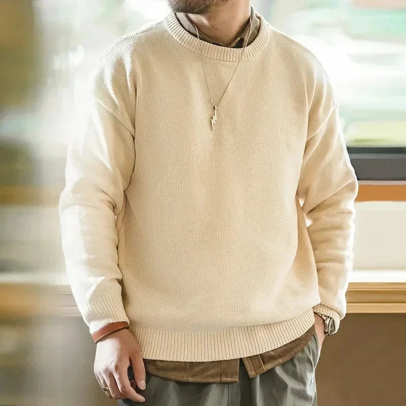 Maden Casual Chenille Round Neck Sweater for Men Warm Skin-friendly Beige Knitwear Autumn Winter Basic Solid Color Soft Sweater