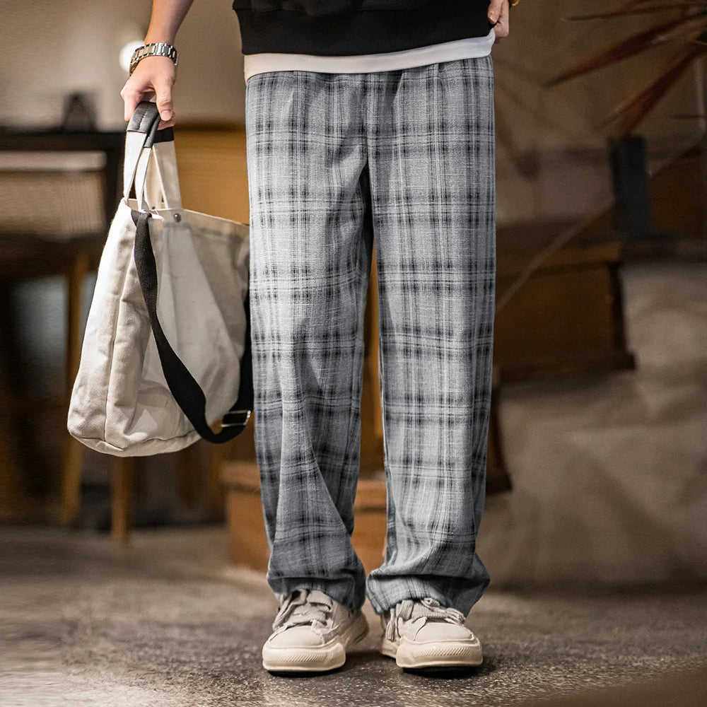 Maden Vintage Checkered Cargo Pants Men's Spring Lightweight Loose Fit Drawstring Waist Straight Trousers Casual Wide Leg Pants