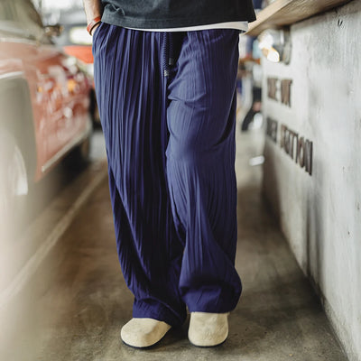 Maden Men's Pleated Pants Lightweight Navy Blue Trousers with Elastic Drawstring Waist Breathable Casual Sporty Pants for Summer
