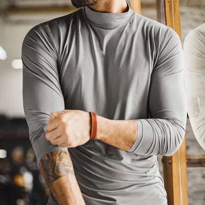 Maden Men's Mock Neck Long Sleeve Tee Slim Fit Stretch Layering Shirt Gray Workout Basic T-shirt for Spring and Fall Underwear