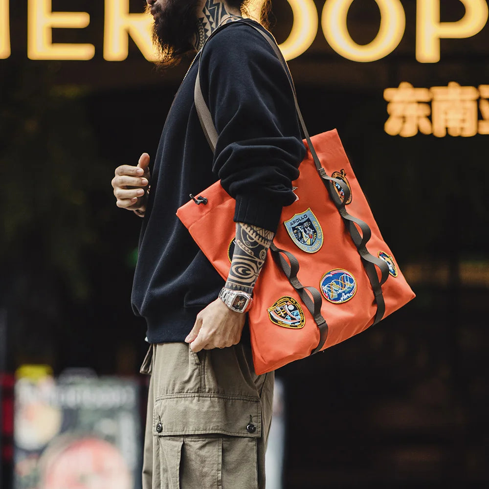 Maden Casual Space Exploration Embroidered Tote Bag Unisex Large-capacity Work Bag for Commuting Spacious Laptop Shoulder Bags