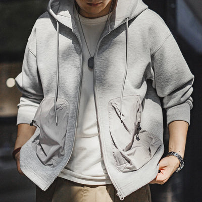 Maden Casual Patchwork Pocket Hooded Zip-up Sweatshirt Jacket Gray Versatile Outerwear for Men's Autumn and Winter Sports Coat