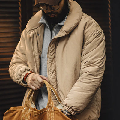 Maden Retro Khaki Stand-up Collar Cotton-padded Coat Thickened Warm Puffy Jacket with Zipper for Men's Fall and Winter Outerwear