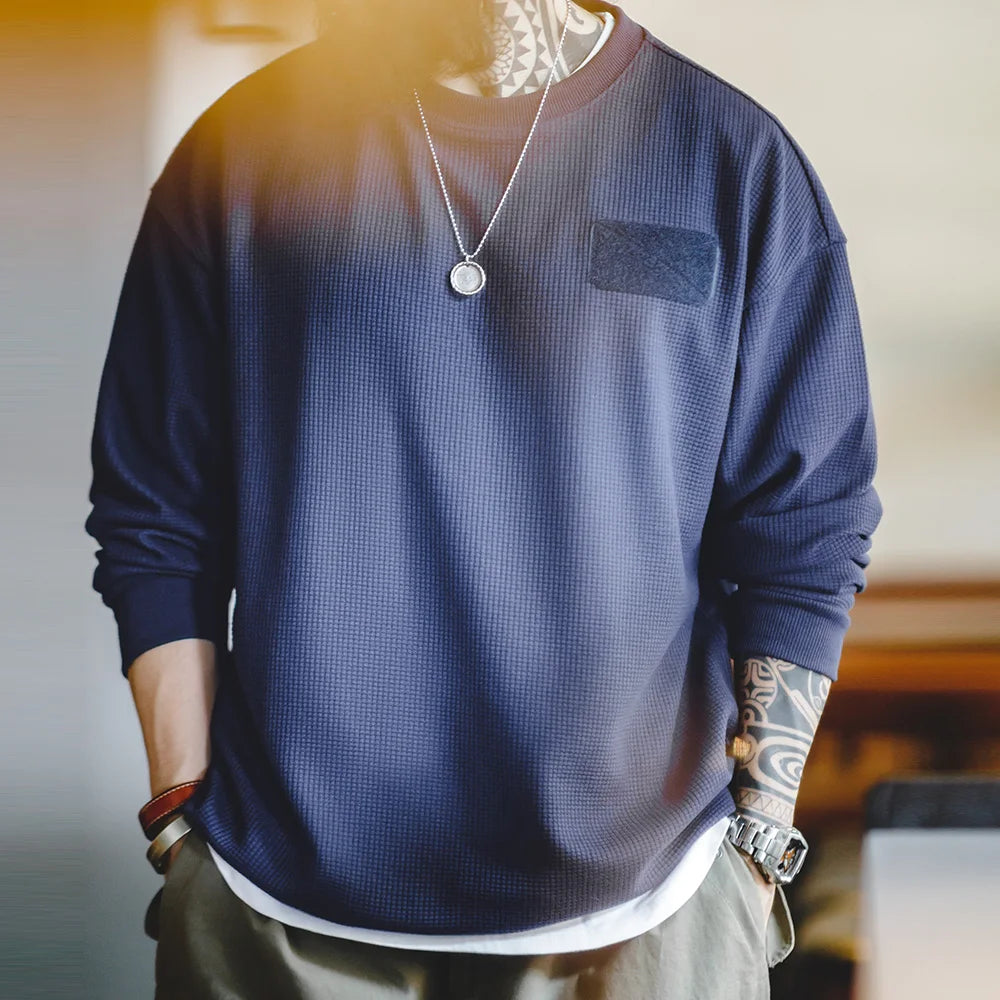 Maden Drop Shoulder Sleeve Waffle T-shirts for Men Casual Round Collar Versatile Layering Sweatshirt Male Long-sleeved Tees