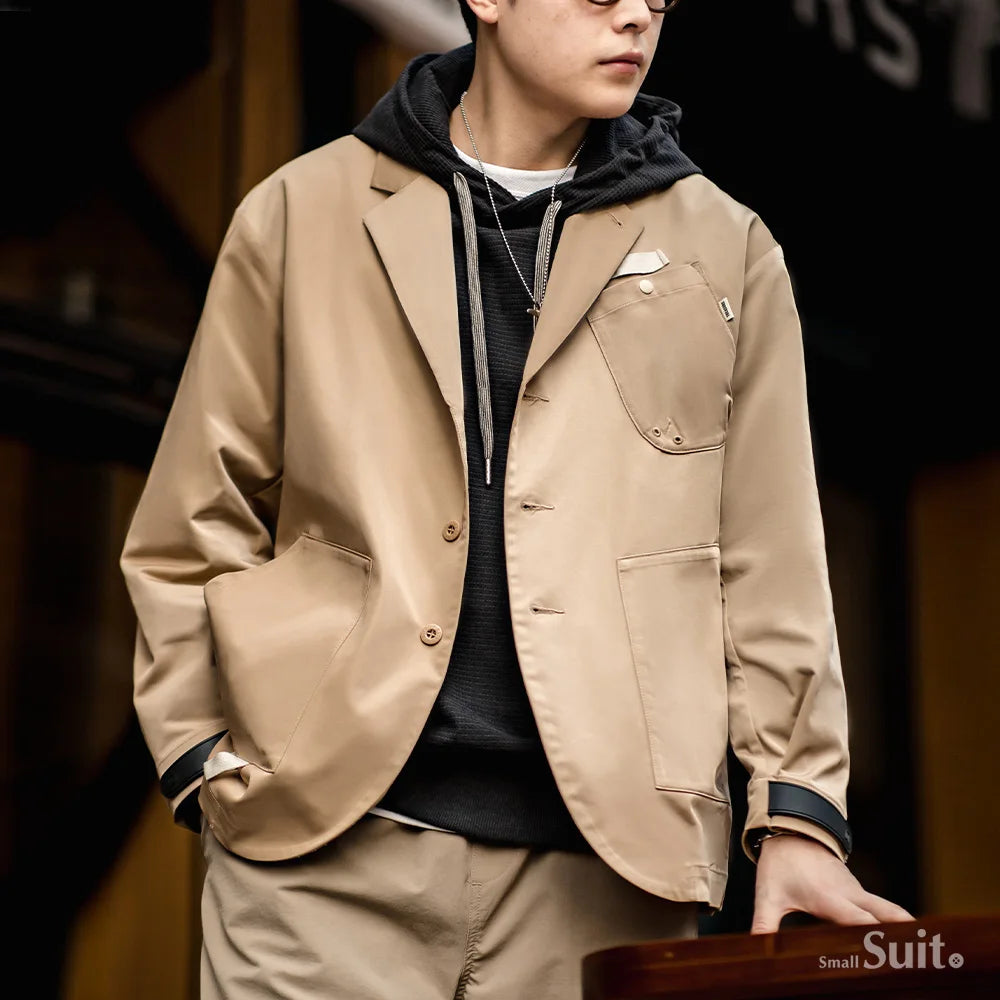 Maden New Casual Notch Lapel Men's Spring Jacket with Loose Fit Single Breasted Multi-Pocket Blazer Vintage Versatile Outerwear