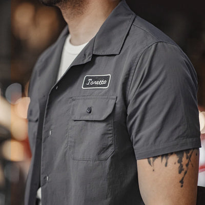 Maden Retro Toretto Short-sleeved Shirt Dark Gray Embroidered Design Lapel Thin Solid Shirt for Men's Summer Tops