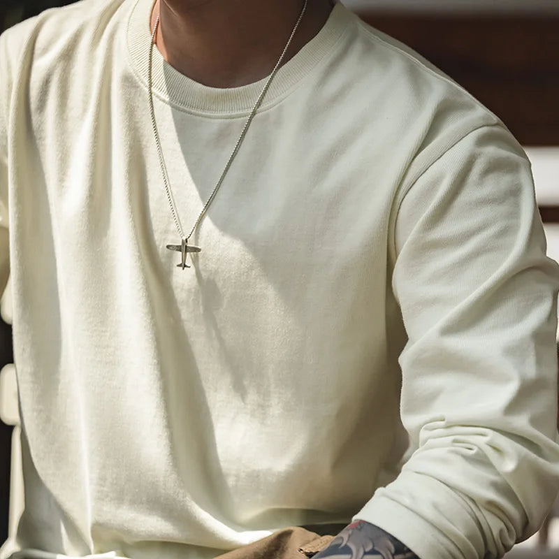 Maden Basic Long Sleeve Cotton T-shirt for Men Beige Round Collar Bottom Shirts Spring and Autumn Inner Sweatshirt Men's T-shirt