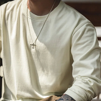 Maden Basic Long Sleeve Cotton T-shirt for Men Beige Round Collar Bottom Shirts Spring and Autumn Inner Sweatshirt Men's T-shirt