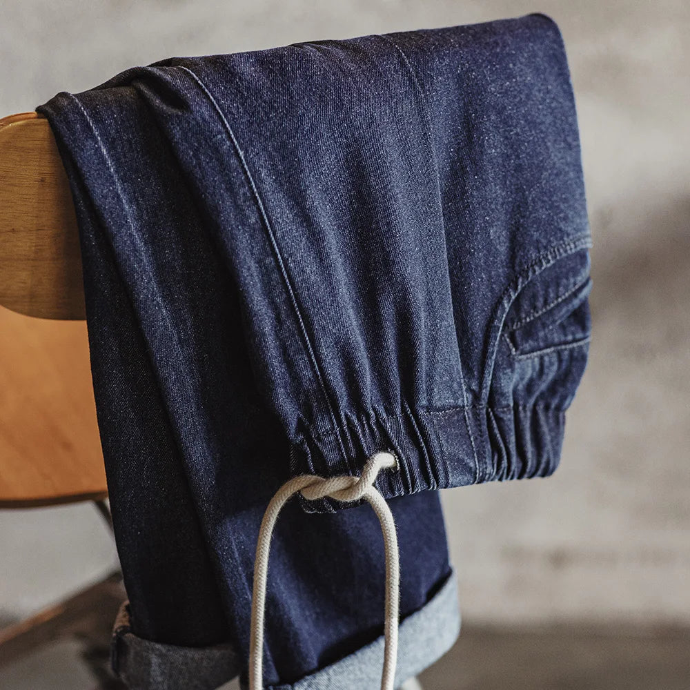 Maden Casual 10oz Jogger Denim Jeans with Elastic Waist Drawstring Washed Straight Trousers for Men's Spring and Autumn