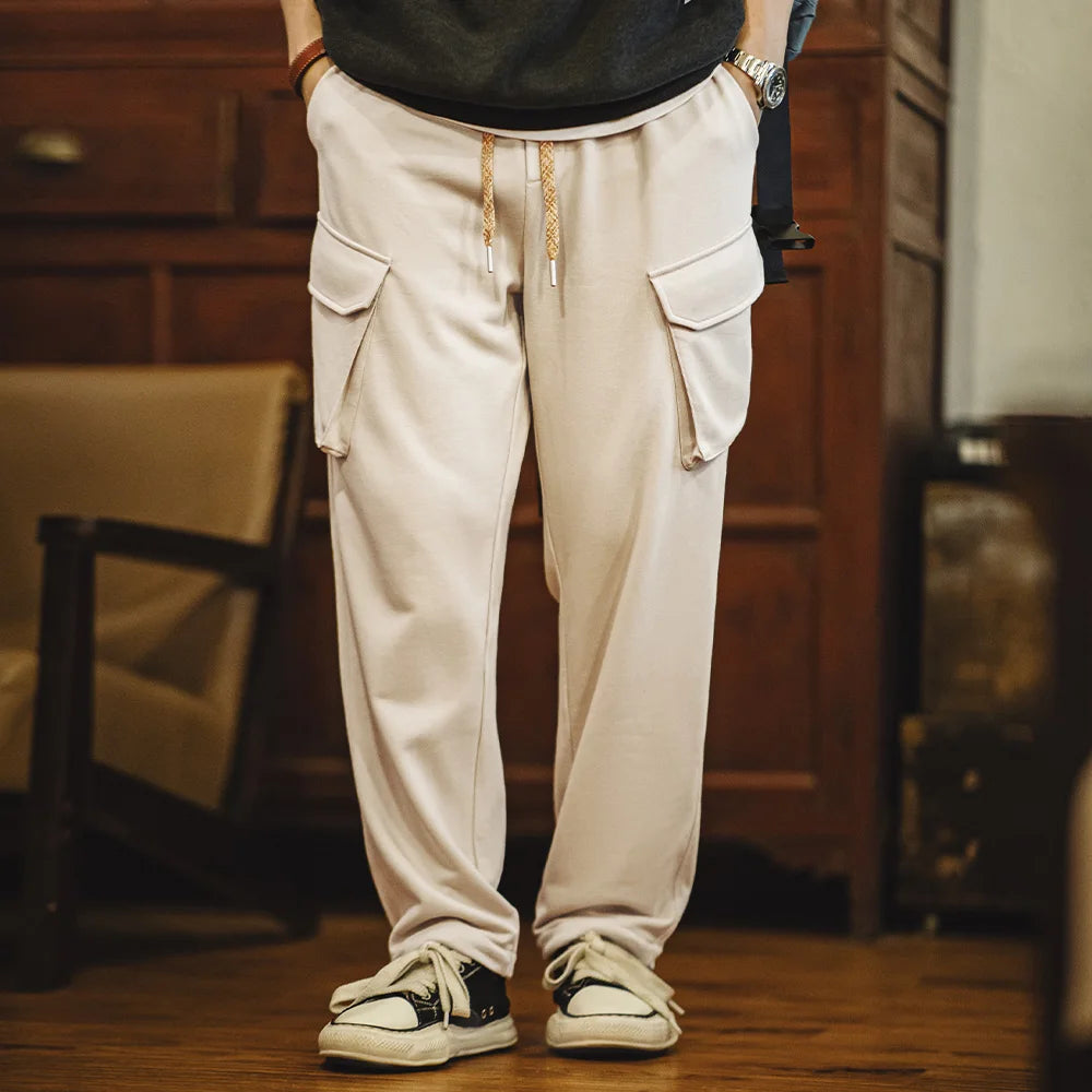 Maden Retro Multi-pocket Straight Sweatpants with Elastic Waist Drawstring Cuffed Sports Casual Pants for Men's Fall Trousers