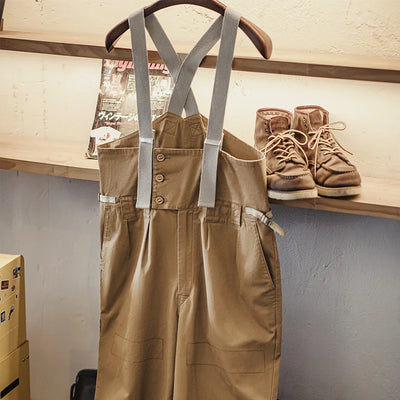 Maden Men's Vintage Heavyweight Khaki Overalls Loose Fit Jumpsuit with Wide Leg Adjustable Straps Workwear Pants for Spring Fall