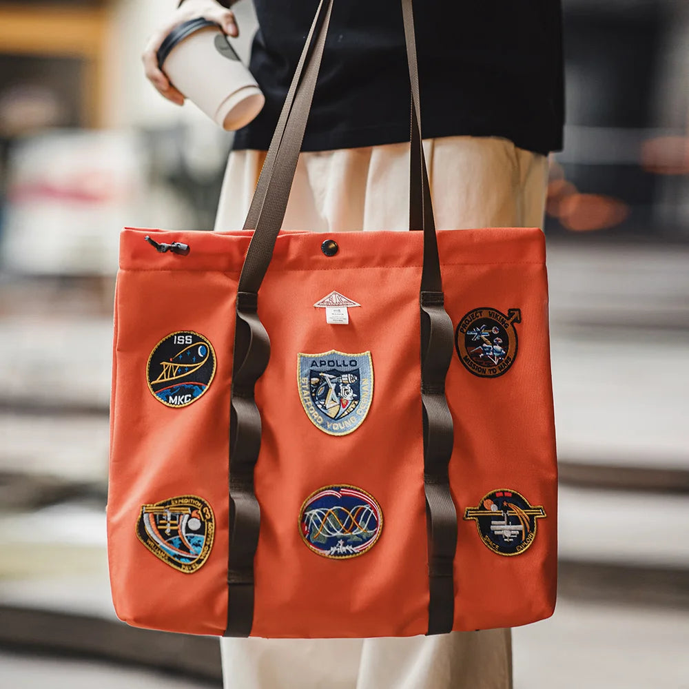 Maden Casual Space Exploration Embroidered Tote Bag Unisex Large-capacity Work Bag for Commuting Spacious Laptop Shoulder Bags