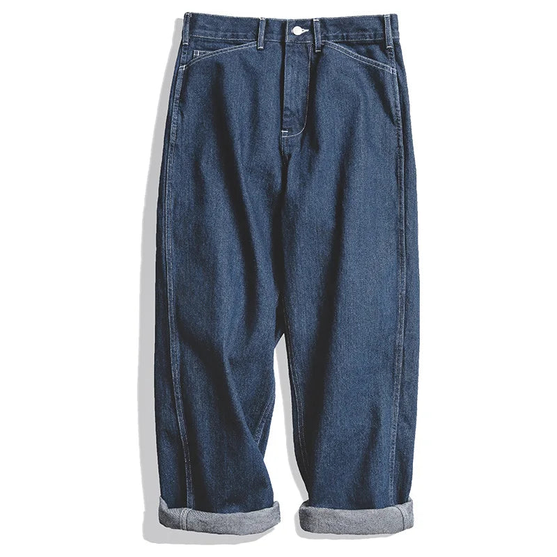 Maden Work Attire Retro Wide Leg Pants Dark Blue Oversize Loose Fitting Straight Tube Denim Long Pants Men