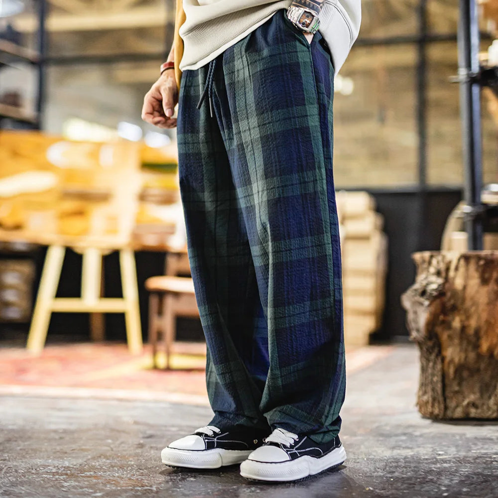 Maden Men's Vintage Tartan Trousers Lightweight Seersucker Pants with Elastic Waist Classic Casual Pants for Summer and Fall