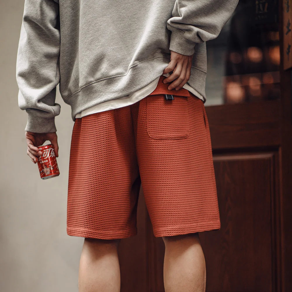 Maden Retro Profile Waffle Fabric Shorts Loose Straight Thin Breathable Elastic Waist Basketball Shorts for Men's Summer
