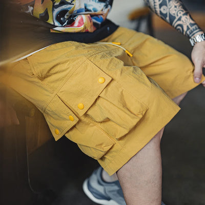 Maden Outdoor Yellow Cargo Shorts Men's Summer Quick-Dry Lightweight Sports Shorts with Drawstring Waist Multi-Pocket Bottoms