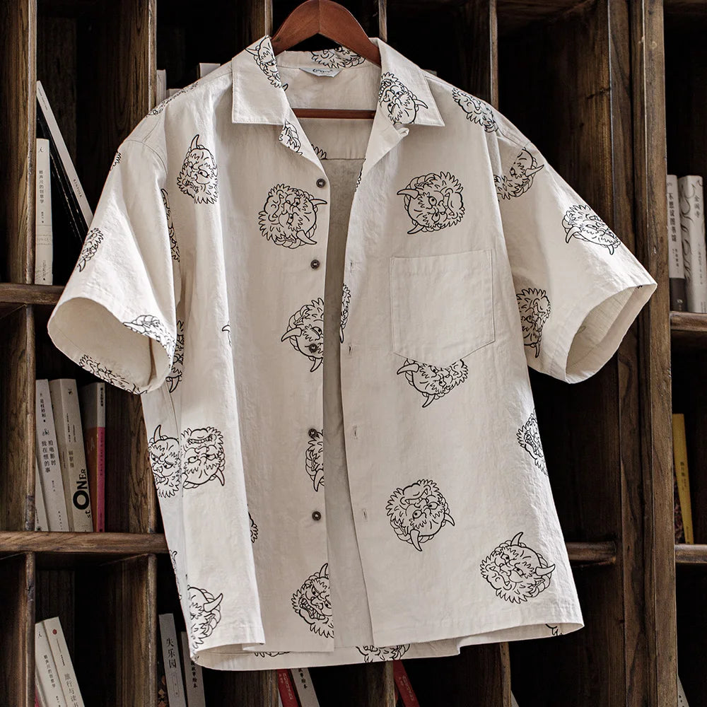 Maden Men's Japanese Vintage Linen Sense Print Shirts 100% Cotton Loose Short Sleeve Shirt Blouses 2023 Summer Workwear Tops