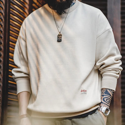 Maden Heavyweight Round Collar Chenille Sweater for Men Spring and Autumn Basic Styles Long-sleeved Pullover Navy Blue T-shirts