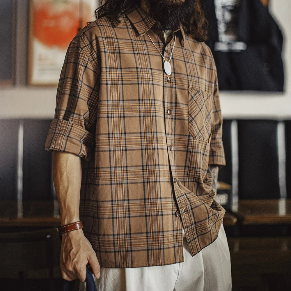 Maden Men's Vintage Plaid Long Sleeve Shirt Lightweight Cotton Single-breasted Collar Loose Fit Blouse Casual Spring Fall Top