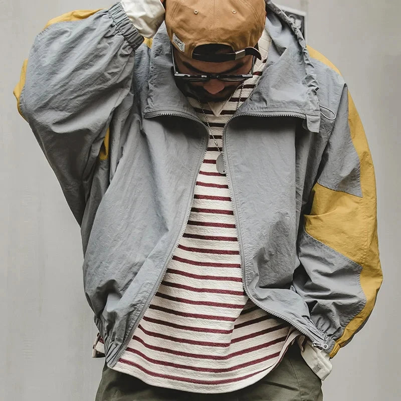 Maden Casual Detachable Double Zipper Patchwork Jackets Stand-up Collar Loose Fit Letter Jacket For Men's Spring and Fall Coat
