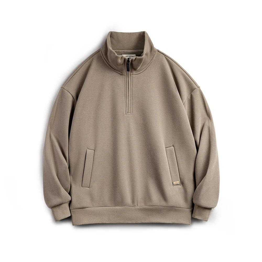 Maden Casual Half-Zip Stand Collar Fleece Sweatshirt Cleanfit Solid Pullover Warm Hoodies Men's Fall and Winter Top without Hood