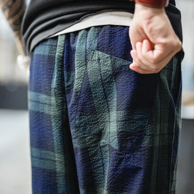 Maden Men's Vintage Tartan Trousers Lightweight Seersucker Pants with Elastic Waist Classic Casual Pants for Summer and Fall