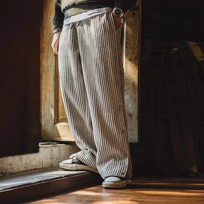 Maden Retro Fall Corduroy Snap-up Sweatpants Loose Elastic Waist Sports Casual Straight-leg Pants for Men's Winter Warm Trousers