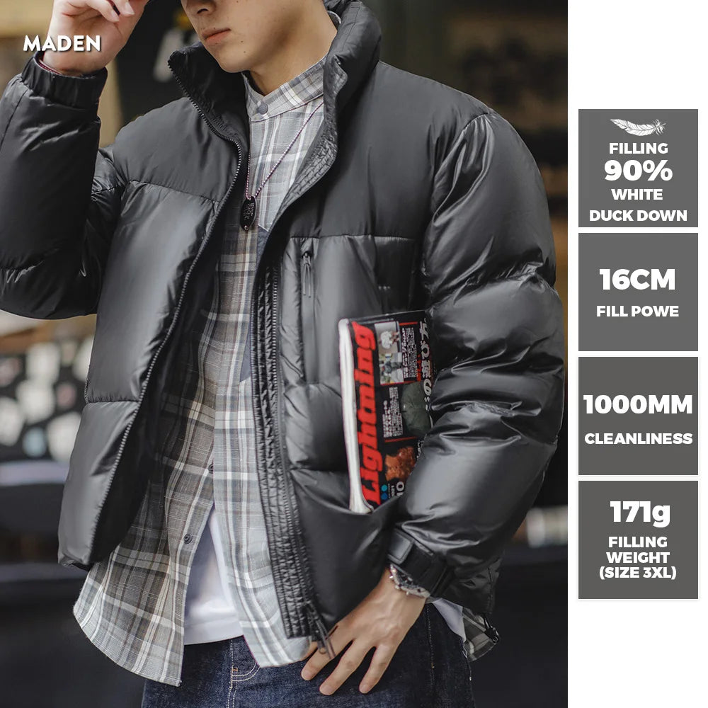 Maden Black Spliced Down Jacket with 90% White Duck Down Stand-up Collar  Thickened and Cold-proof for Men's Winter Warm Coat