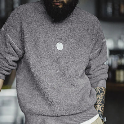 Maden New Retro Grey Round Neck Sweater Fleece-lined Warm Versatile Pullover for Men with Loose Fit Tops for Autumn and Winter