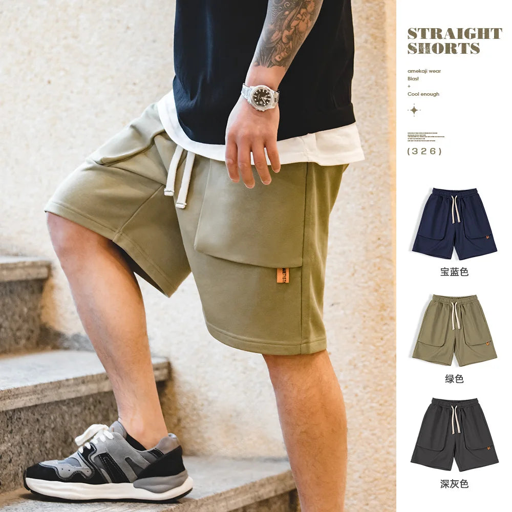 Maden Casual Heavyweight Knit Shorts for Men Straight Loose Large Pockets Sports Short Sweatpants Elastic Waist Athletic Shorts