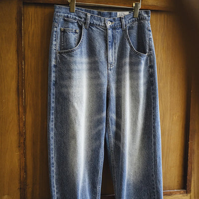 Maden Men's 12.6oz Washed Denim Jeans Large-Size Straight Cotton Jeans with Retro Cat Whiskers Jeans for Spring Versatile Pants