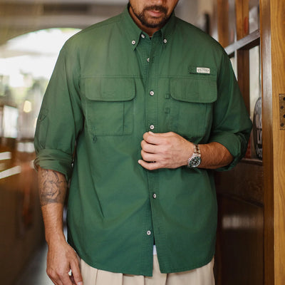 Maden Men's Vintage Multi-Pocket Long-Sleeve Shirt Green Cotton Loose Fit Single-Breasted Overshirt Lightweight Casual Blouse