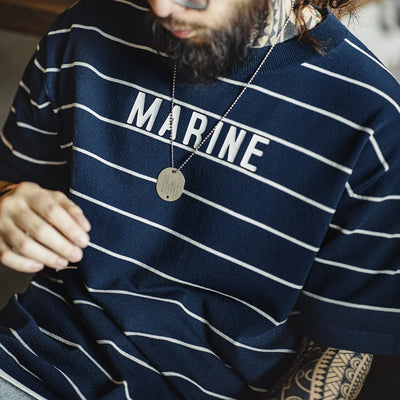 Maden Retro Contrast Striped Short-sleeved T-shirt with Letter Printed Breathable Shirt for Men's Summer Large Size Tops