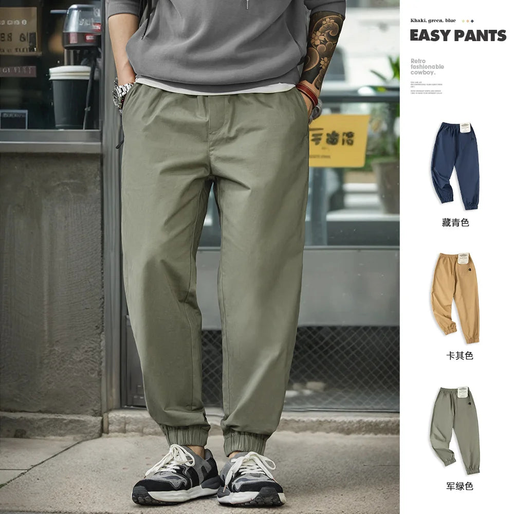 Maden Casual 100% Cotton Stretch Twill Tapered Pants Khaki Elastic Waist Joggers Cuffed Pants Classic Outdoor Workout Trousers